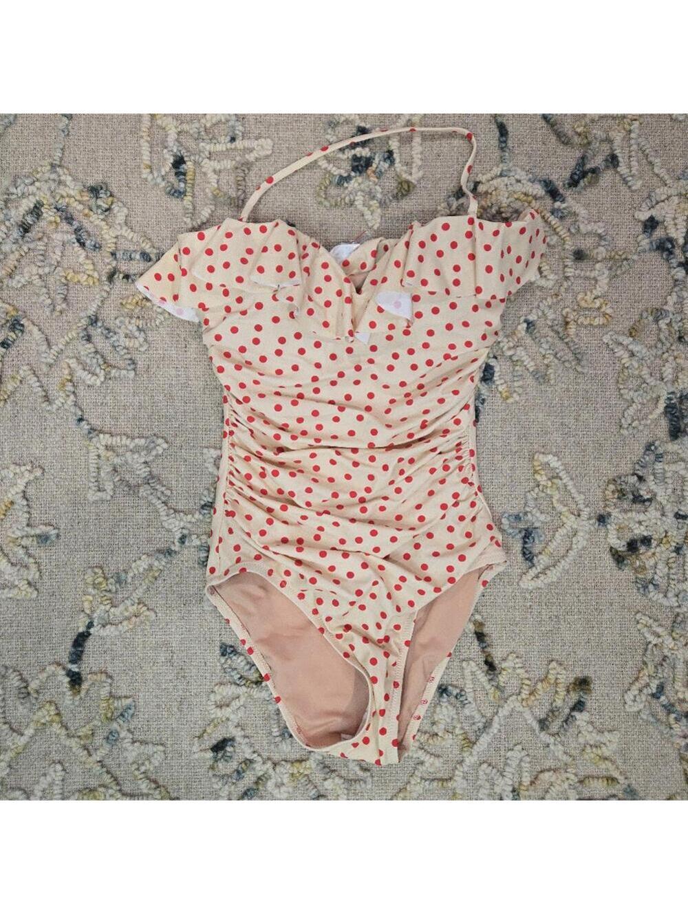 Ruched One-Piece Swimsuit with Ruffles in Red Dot Print